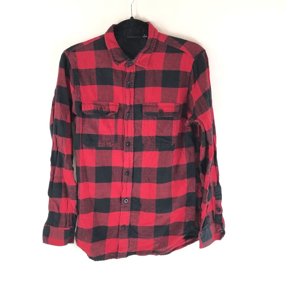 Burnside Mens Button Down Plaid Long Sleeve Pockets Flannel Shirt Red S